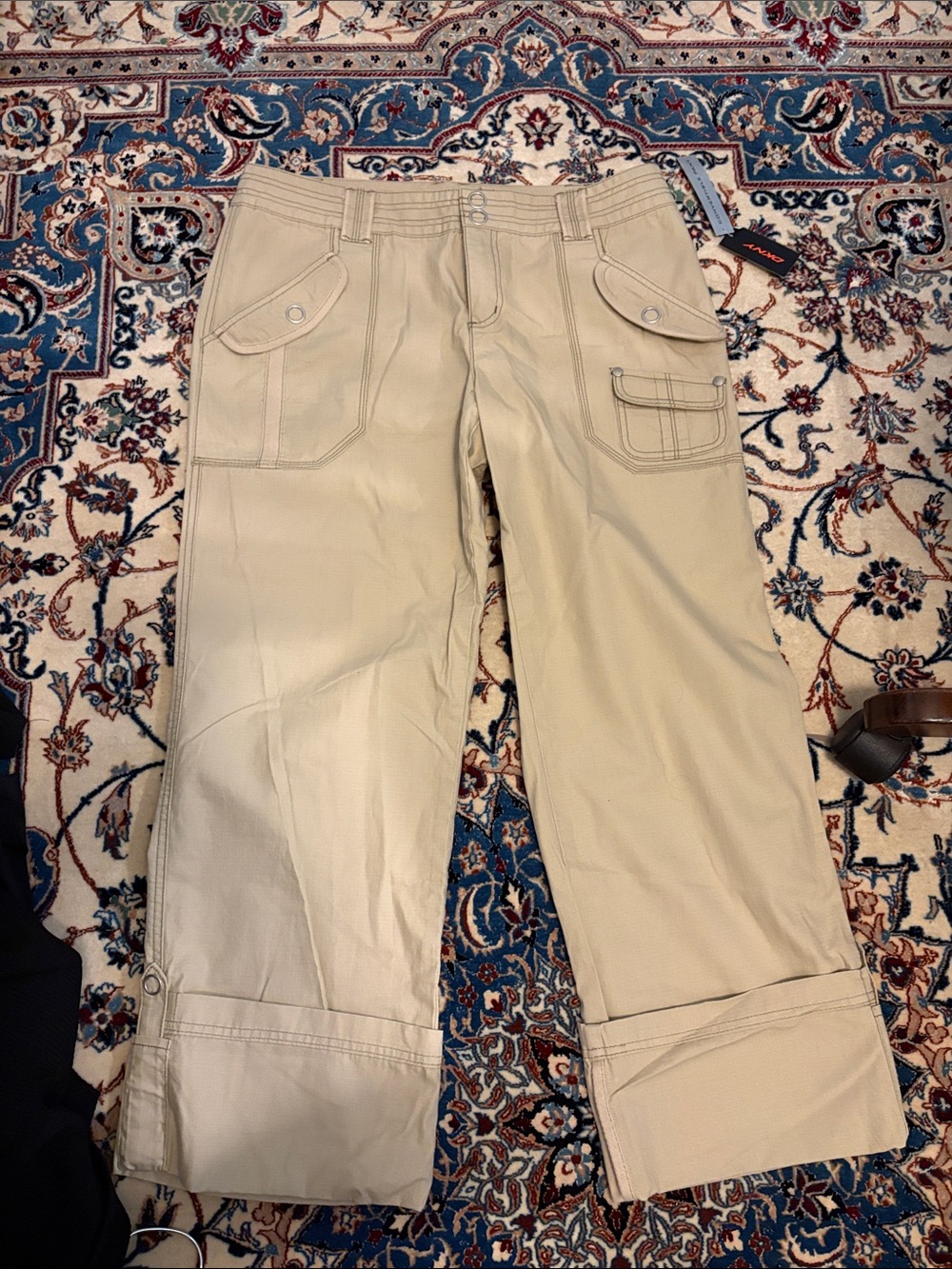 Dkny Men's Khaki Cargo Pants with Button-Flap Pockets